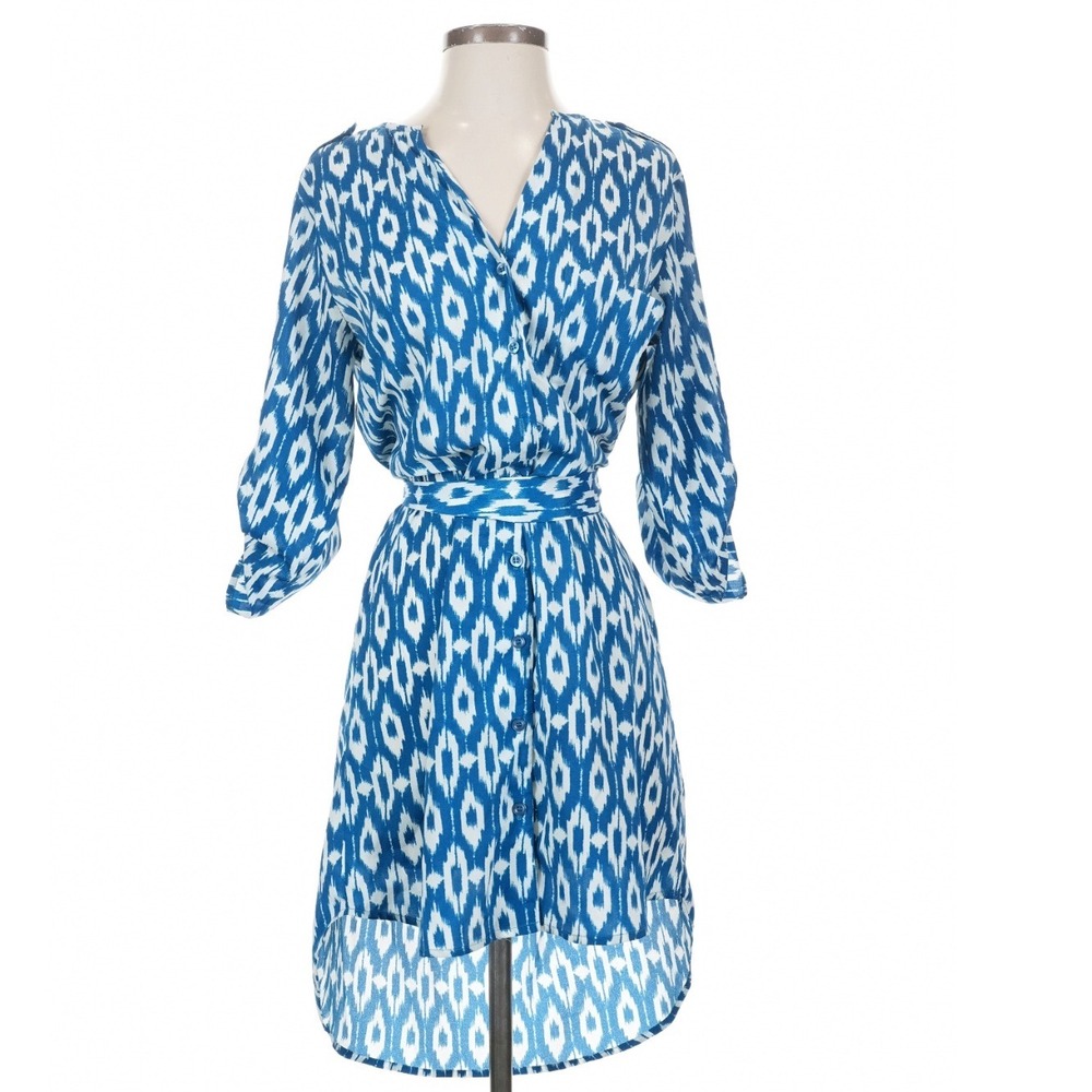 Maeve Anthropologie Blue Ikat Print Wrap Shirt Dress 3/4 Sleeve Small